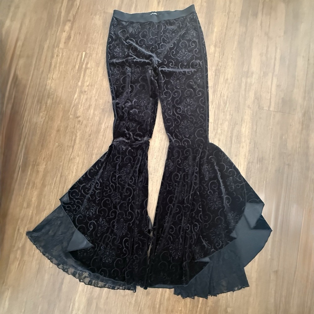 EVA LADY Flare Velvet Pants Women Large Black Lace Bell Bottom Gothic